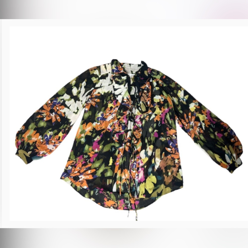 Cabi Top multicolor black floral cascade ruffle tie-front semi-sheer blouse - Picture 2 of 9